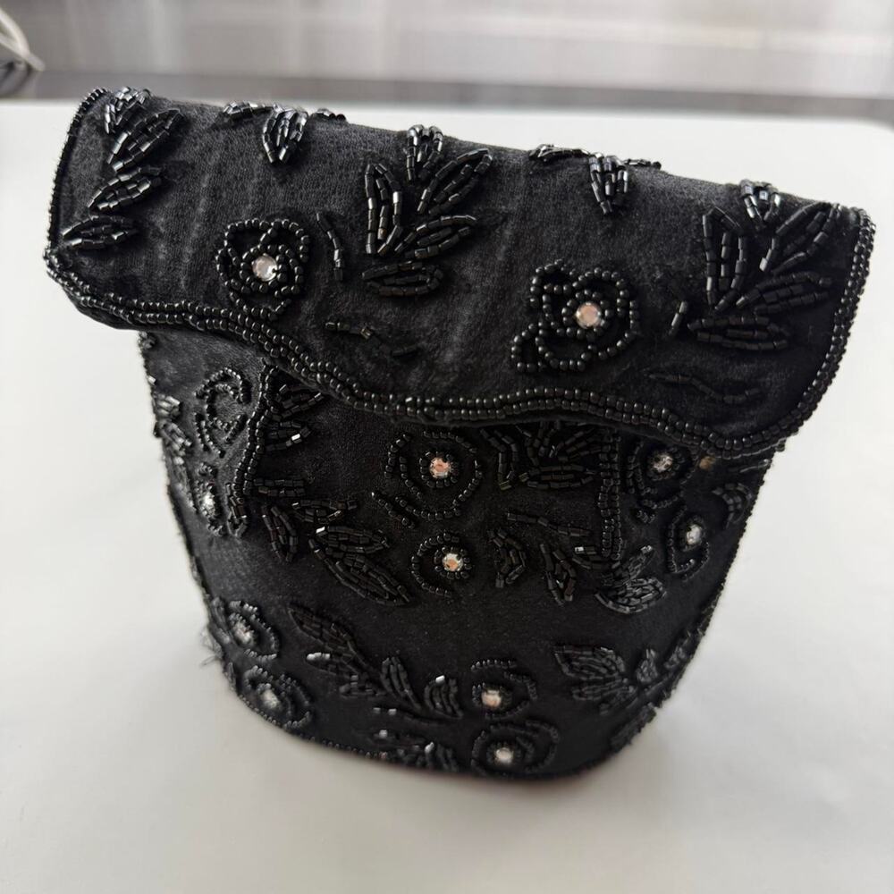 Vintage Black Beaded Mini Evening Bag Floral Satin Clutch Crossbody - Picture 5 of 8